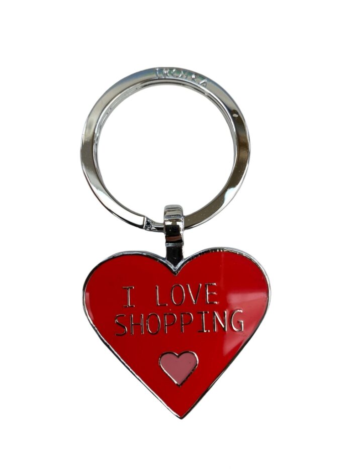 Portachiavi a forma di cuore con scritta I love shopping