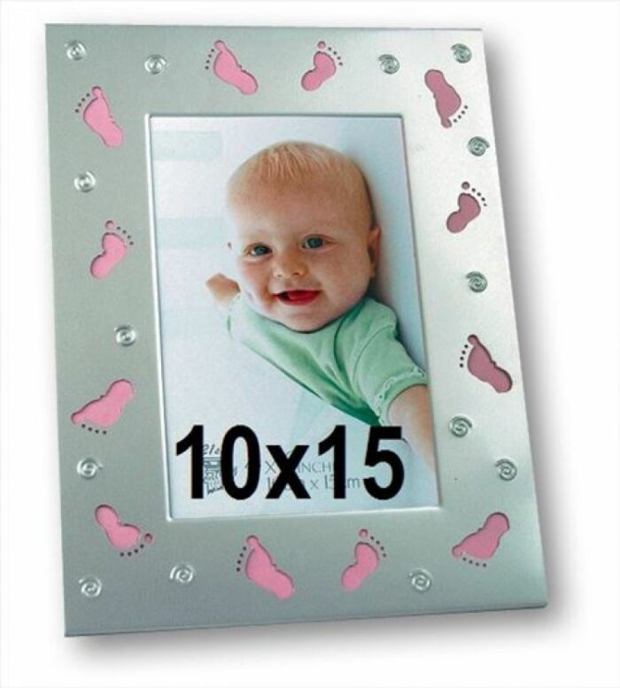 Cornice portafoto bambino con decorazione piedini rosa 10x15