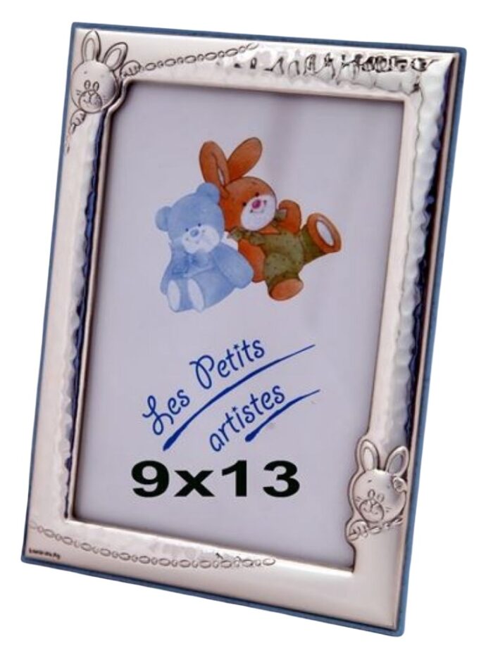 Cornice portafoto in argento con coniglietto retro azzurro 9x13 cm