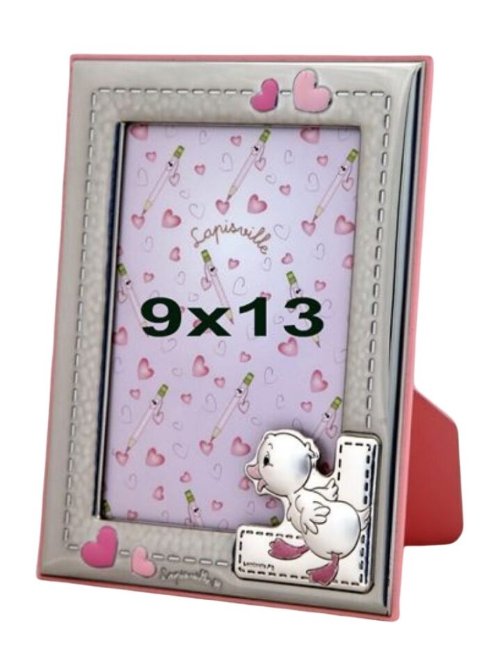 Cornice portafoto in argento con placca pulcino retro rosa 9x13 cm