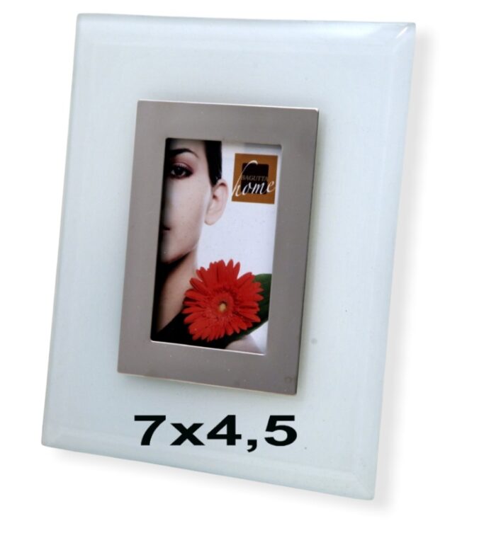 Cornice portafoto in vetro color bianco e acciaio 7x4,5 cm