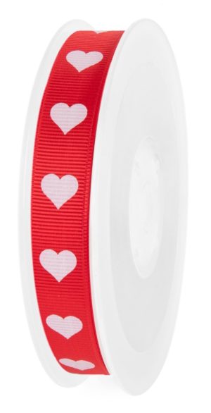 Nastro Grosgrain rosso con cuori bianchi in rocchetto alto 16 mm lungo 20 m