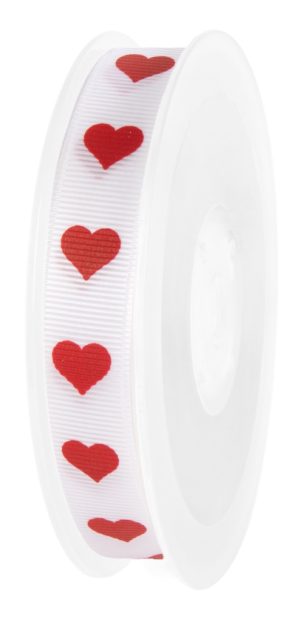 Nastro Grosgrain bianco con cuori rossi in rocchetto alto 16 mm lungo 20 m