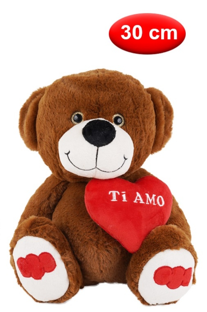 Peluche orso marrone da 30 cm. con cuore rosso con scritta TI AMO
