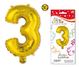 Numero 3 gonfiabile in foil colore ORO dimensione 36 cm