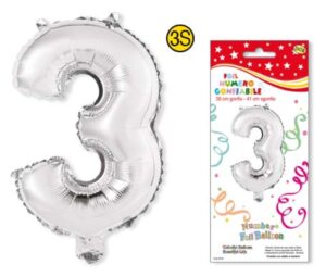 Numero 3 gonfiabile in foil colore ARGENTO dimensione 36 cm