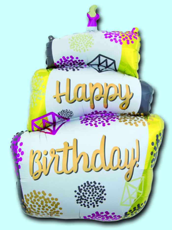 Gonfiabile a forma di torta con candeline e scritta Happy Birthday