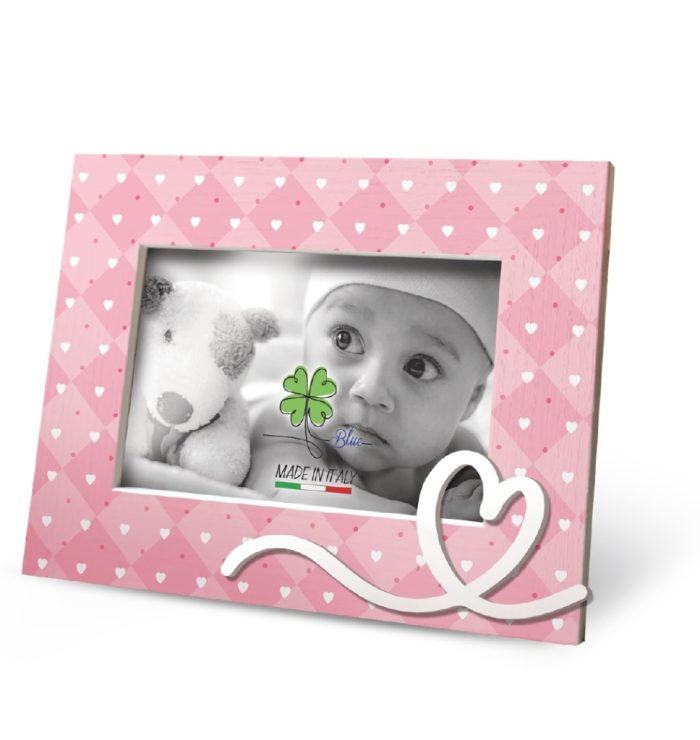 Cornice portafoto in legno rosa Baby fantasia quadri e cuoricini misura 10x15 cm