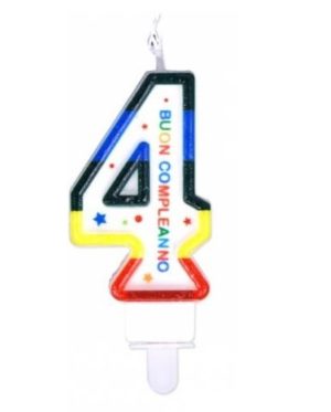 Candelina numerale 4 colorata con sostegno - 9cm