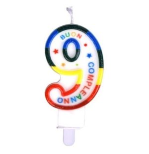 Candelina numerale 9 colorata con sostegno - 9cm