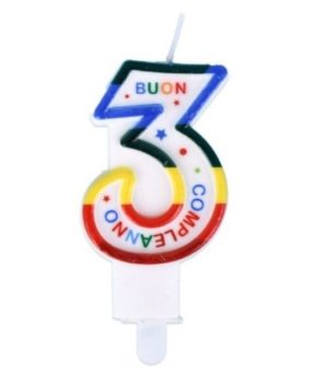 Candelina numerale 3 colorata con sostegno - 9cm