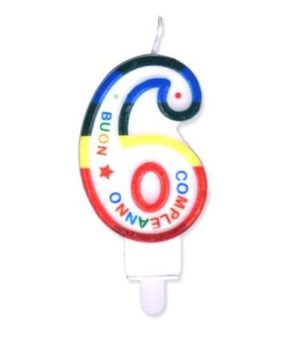 Candelina numerale 6 colorata con sostegno - 9cm